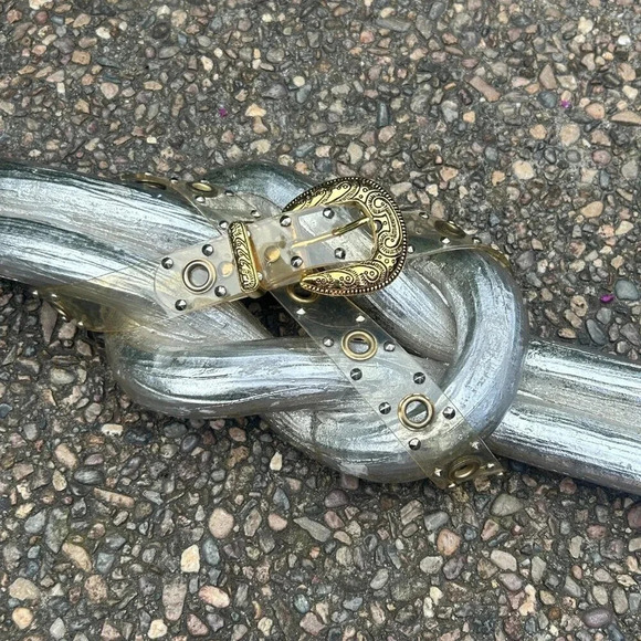 Vintage Plastic Fashion Belt with Large Grommet Holes Studs Gold Belt Buckle - Picture 1 of 6